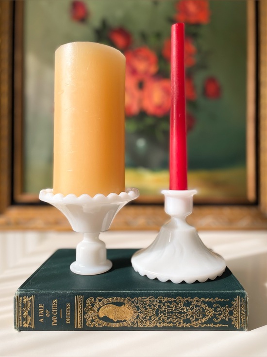 Other - Vintage White Milk Glass Taper Candle Holders Pair - Scalloped Pie Crust Base